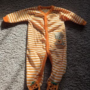 Orange Striped Baby Onesie with Bear and Pumpkin Design